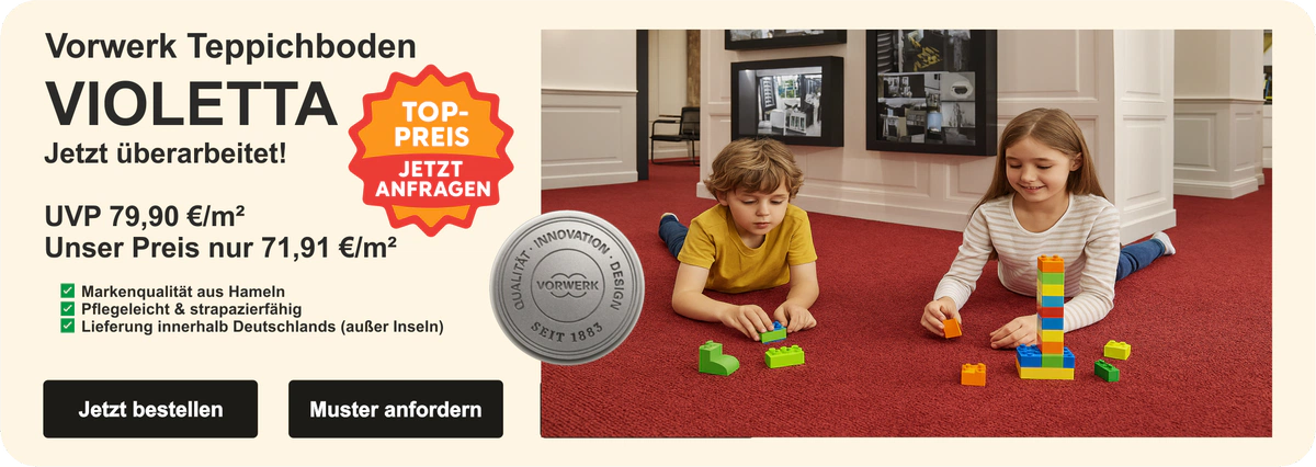 Werbeanzeige für Vorwerk Teppichboden „Violetta“ mit Preisangabe (UVP 79,90 €/m², unser Preis 59,95 €/m²), Produktmerkmalen (Markenqualität, pflegeleicht, Lieferung in Deutschland) und Szene mit Familienspiele auf dem Teppich,